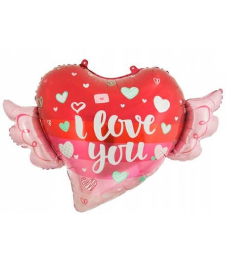 Walentynki balon foliowy serce ze skrzydełkami I Love you 68x47 cm WB-009