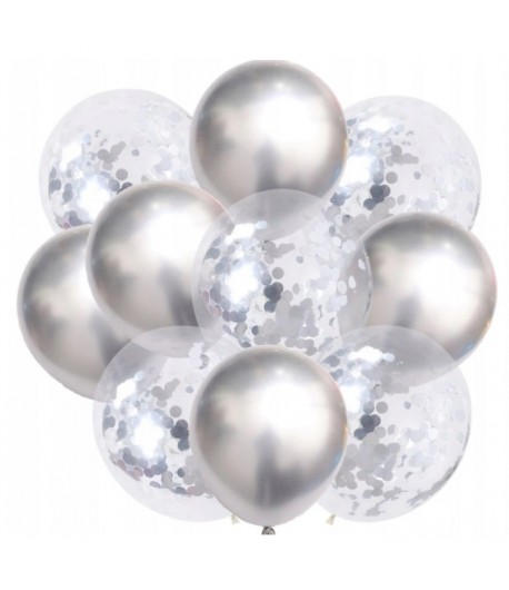 Zestaw balony srebrne oraz balony ze srebrnym konfetti