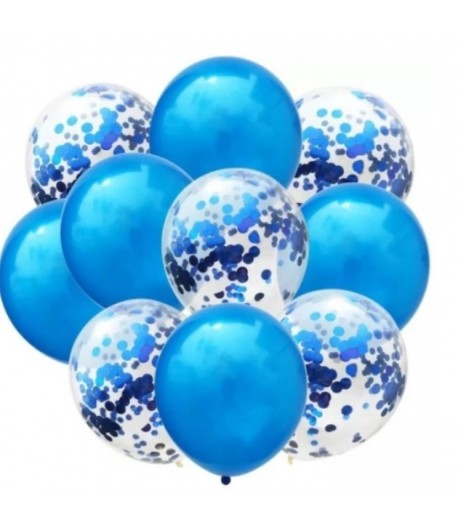 Zestaw balony niebieskie oraz balony z niebieskim konfetti