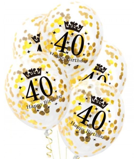 Balony 40 ze złotym konfetti 5 sztuk Urodziny