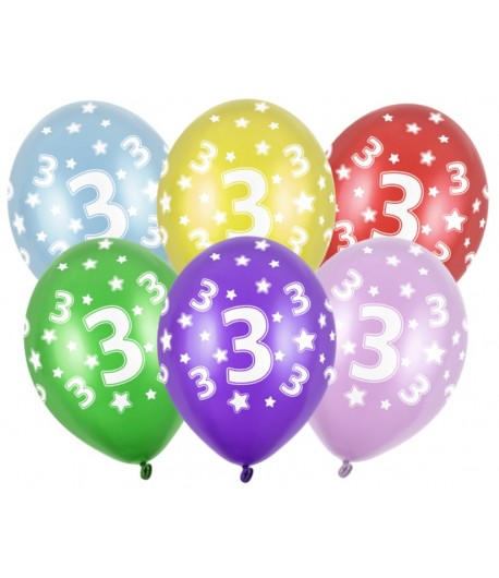Balony z cyfrą 3 Mix kolorów 5 sztuk Urodziny