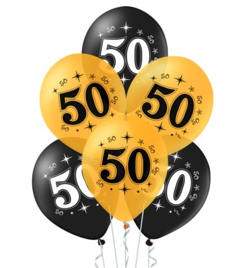 Balony na 50 Urodziny czarne i złote 10 sztuk
