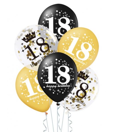 Balony na 18 Urodziny czarne złote i z konfetti 6 sztuk