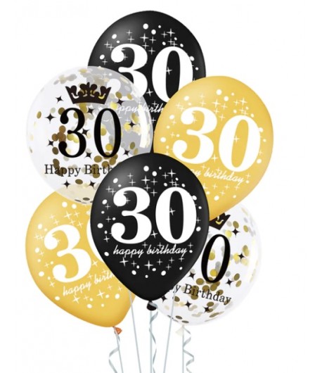 Balony na 30 Urodziny czarne złote i z konfetti 6 sztuk