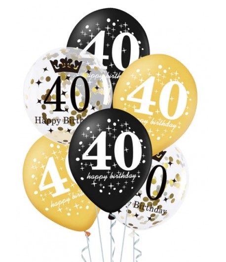 Balony na 40 Urodziny czarne złote i z konfetti 6 sztuk