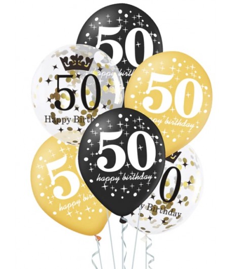 Balony na 50 Urodziny czarne złote i z konfetti 6 sztuk