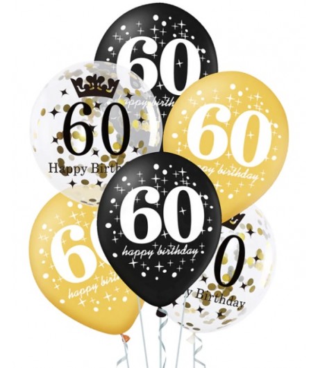 Balony na 60 Urodziny czarne złote i z konfetti 6 sztuk
