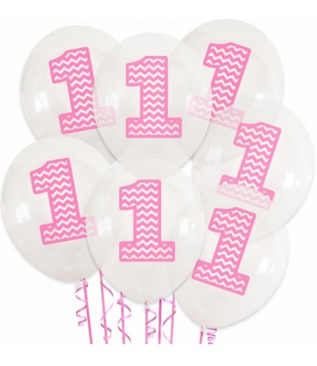 Balony przezroczyste z Różową cyfrą "1" Roczek 7 sztuk