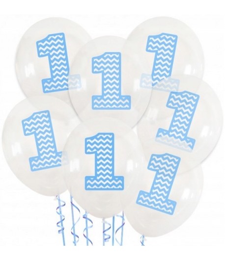 Balony przezroczyste z niebieską cyfrą "1" Roczek 7 sztuk