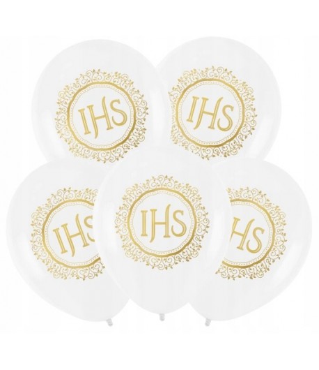 Balony białe IHS Pierwsza Komunia Święta 5 sztuk
