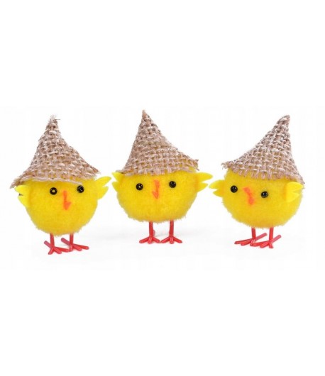 Kurczaki Wielkanocne w kapeluszu Dekoracje 3 sztuki WLK-013