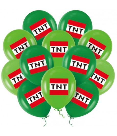 Balony gamingowe zielone piksele TNT Minecraft Mix 12 sztuk
