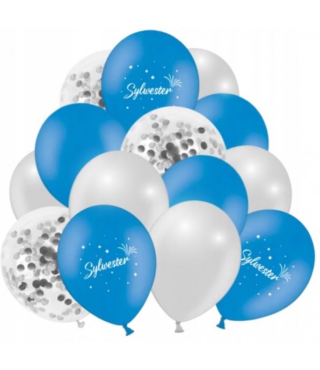 Balony srebrne i niebieskie Sylwester mix 12 sztuk