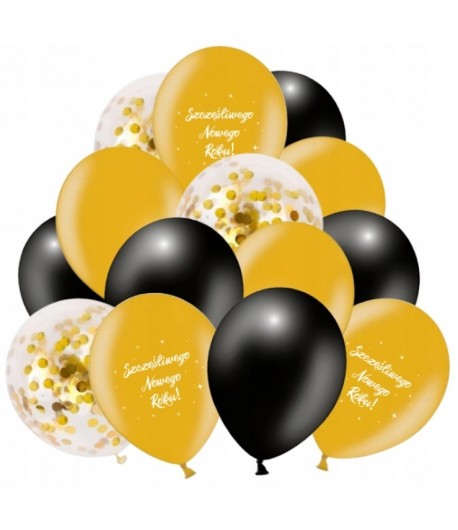 Balony czarne i złote Szczęśliwego Nowego Roku mix 12 sztuk