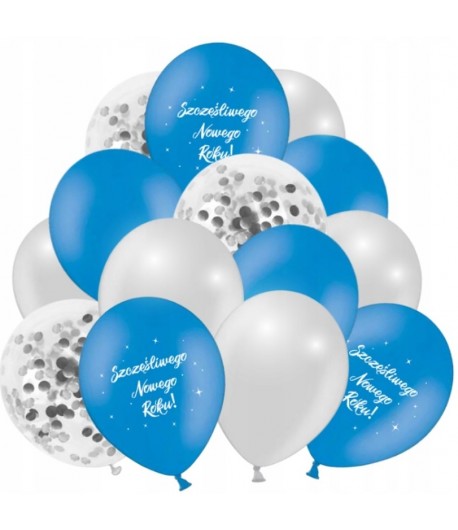 Balony srebrne i niebieskie Szczęśliwego Nowego Roku mix 12 sztuk