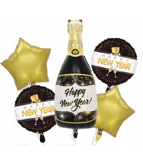 Zestaw Balony Happy New Year Szampan Sylwester 5 sztuk