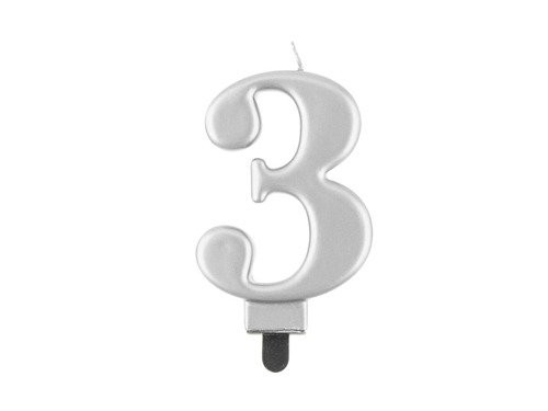 Świeczka Cyfra Cyferka "3" Metaliczna Srebrna