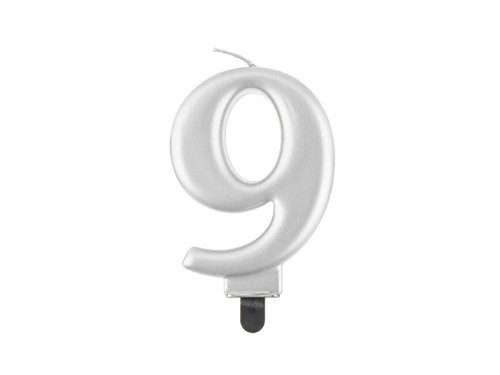 Świeczka Cyfra Cyferka "9" Metaliczna Srebrna