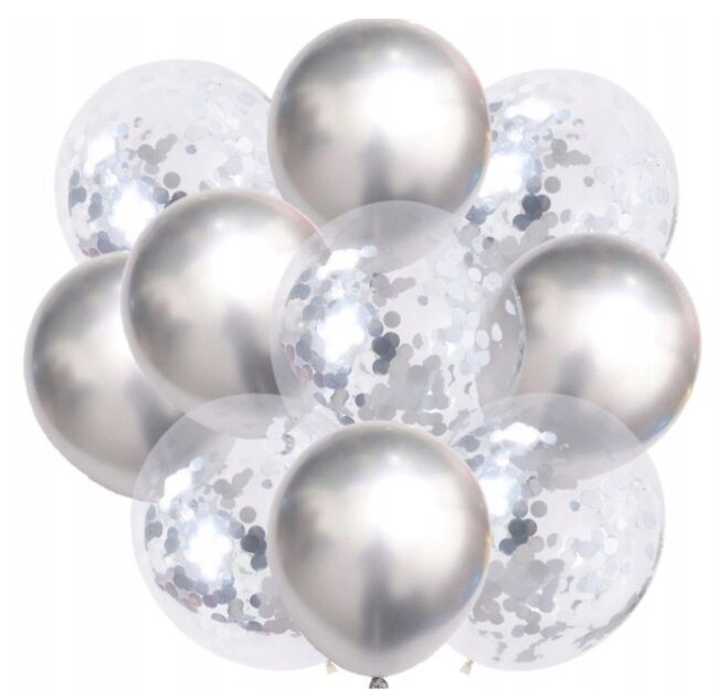 balony srebrne ze srebrnym konfetti