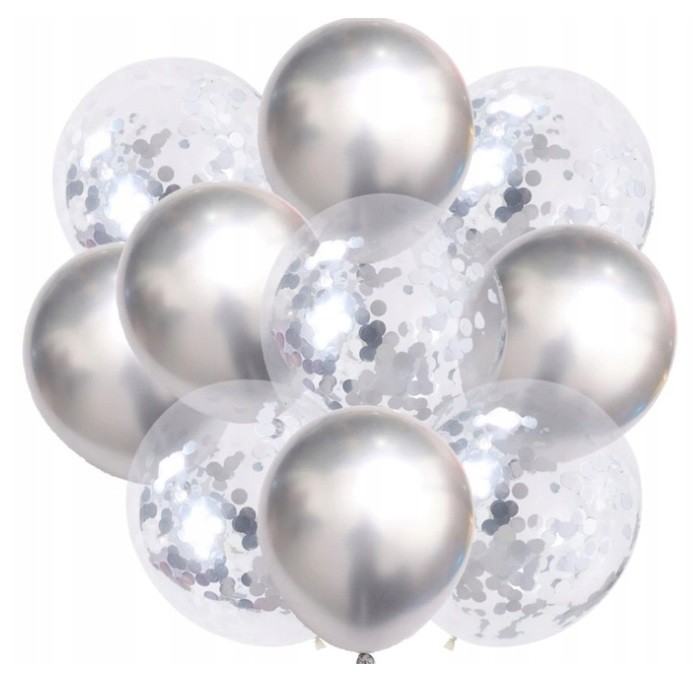 balony srebrne ze srebrnym konfetti