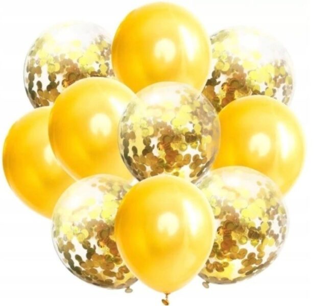 balony złote oraz balony ze złotym konfetti