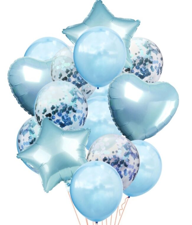 Zestaw balony niebieskie mix serce gwiazdka niebieskie konfetti