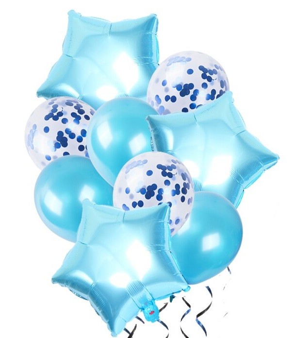 Zestaw balony niebieskie gwiazdki niebieskie konfetti