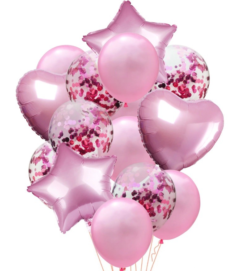 Zestaw balony różowe gwiazdki serca różowe konfetti