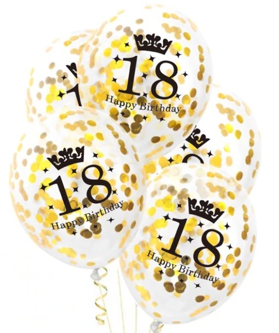 Balony 18 ze złotym konfetti 5 sztuk Urodziny