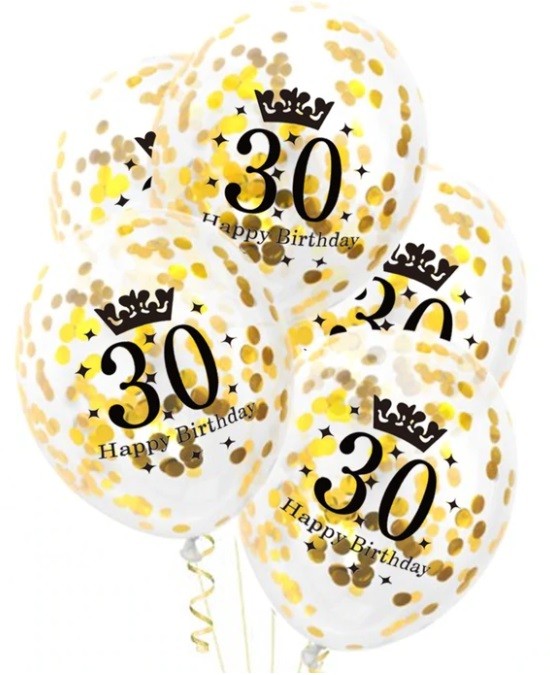 Balony 30 ze złotym konfetti 5 sztuk Urodziny