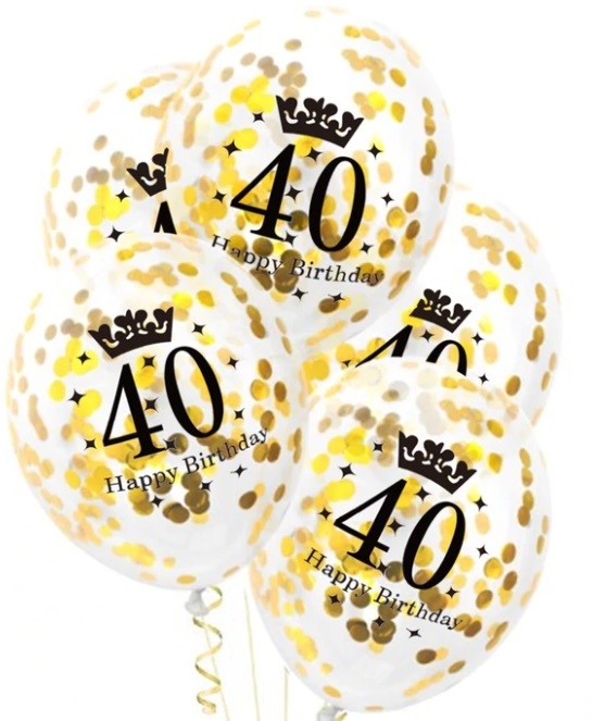 Balony 40 ze złotym konfetti 5 sztuk Urodziny