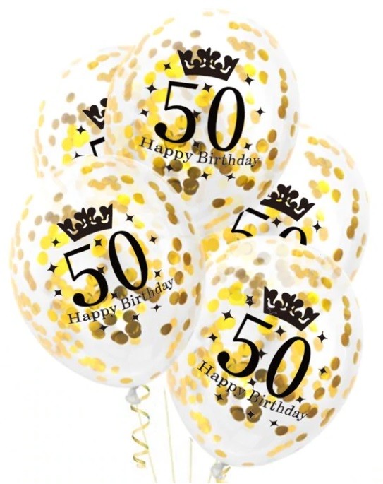Balony 50 ze złotym konfetti 5 sztuk Urodziny
