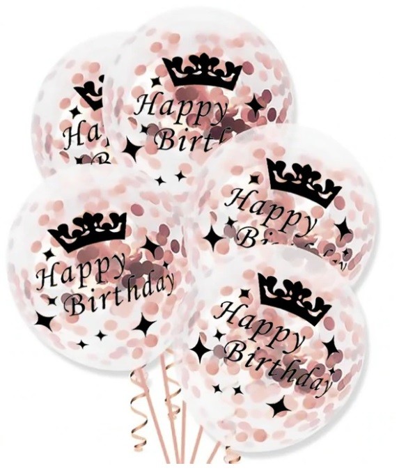 Balony HAPPY BIRTHDAY z konfetti różowe złoto