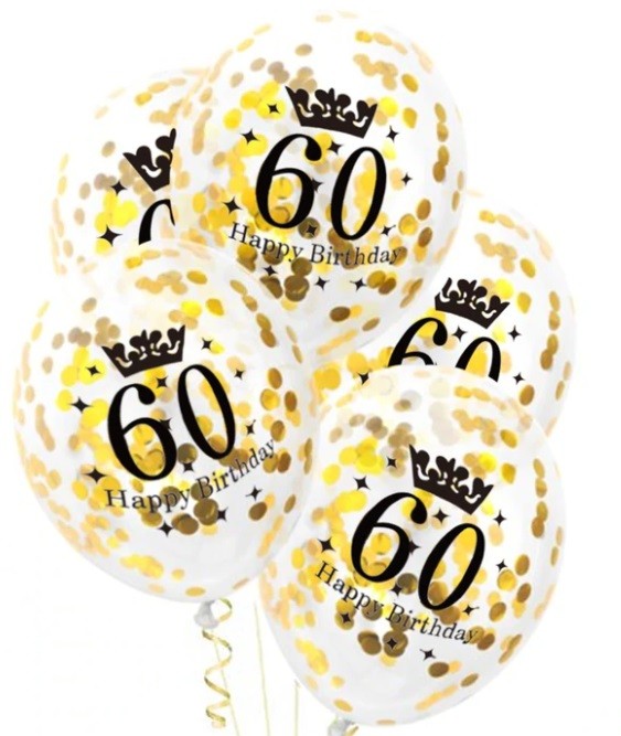 Balony 60 ze złotym konfetti 5 sztuk Urodziny