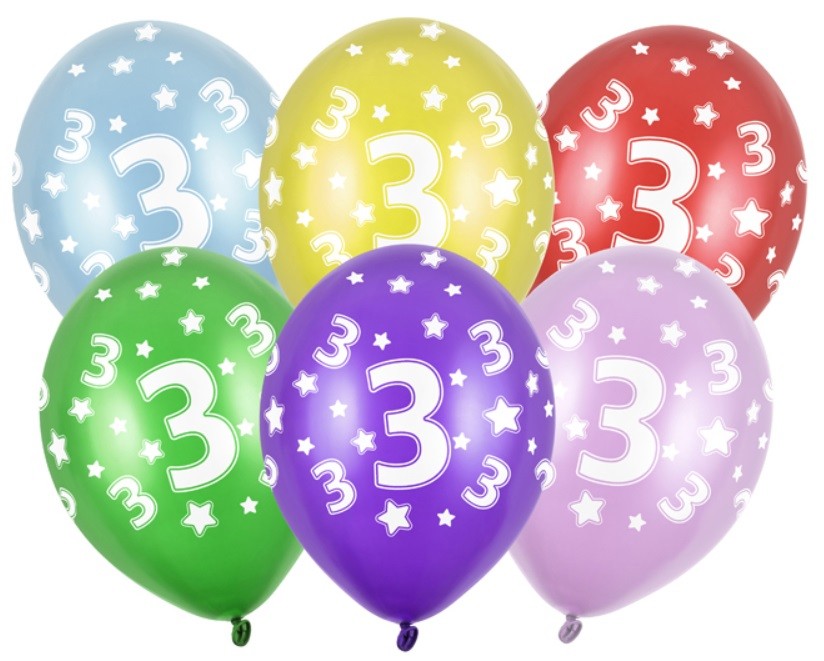Balony z cyfrą 3 Mix kolorów 5 sztuk Urodziny
