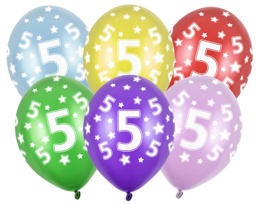 Balony z cyfrą 5 Mix kolorów 5 sztuk Urodziny