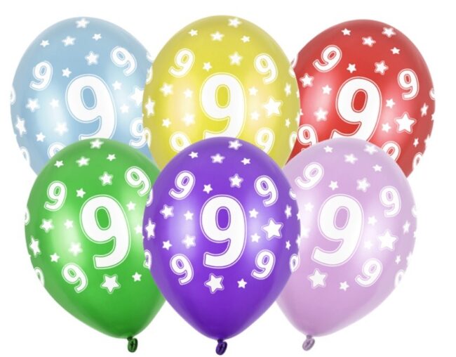 Balony z cyfrą 9 Mix kolorów 5 sztuk Urodziny