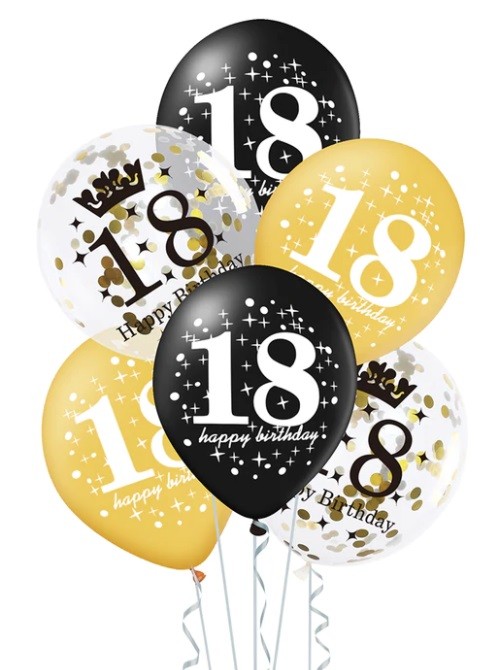 Balony na 18 Urodziny czarne złote i z konfetti 6 sztuk