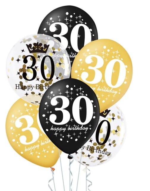 Balony na 30 Urodziny czarne złote i z konfetti 6 sztuk