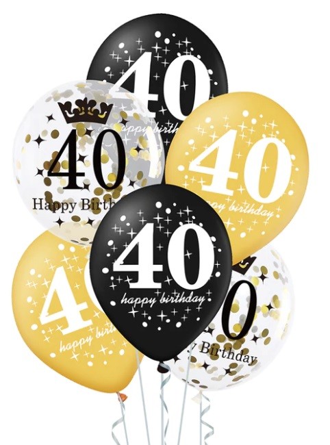 Balony na 40 Urodziny czarne złote i z konfetti 6 sztuk