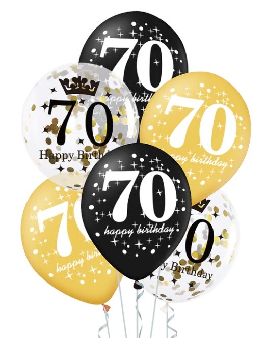 Balony na 70 Urodziny czarne złote i z konfetti 6 sztuk