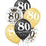 Balony na 80 Urodziny czarne złote i z konfetti 6 sztuk