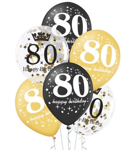 Balony na 80 Urodziny czarne złote i z konfetti 6 sztuk