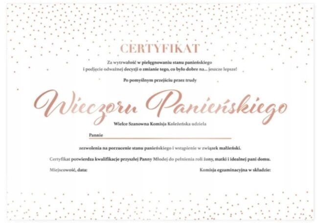 Certyfikat Przyszła Panna Młoda Wieczór Panieński Różowe Złoto