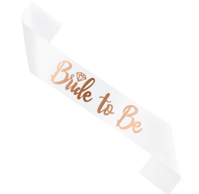 Szarfa biała Bride to Be różowe złoto napis