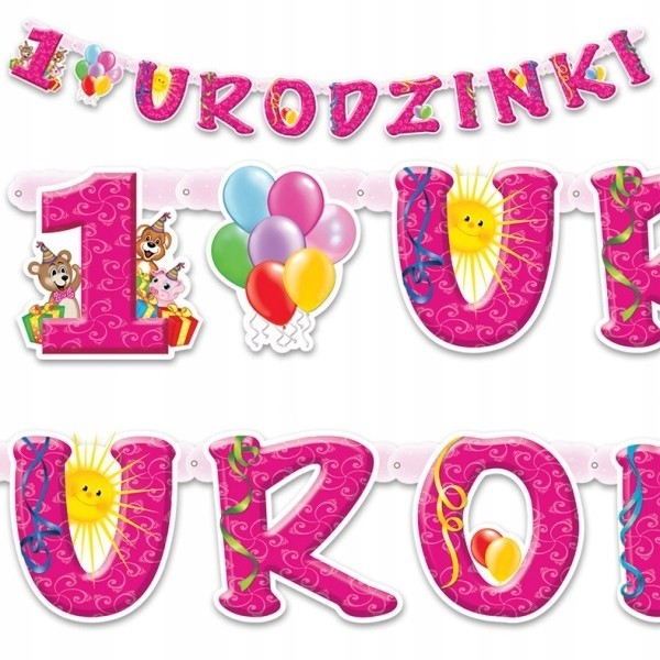Baner Girlanda Różowa 1 Urodziny Roczek