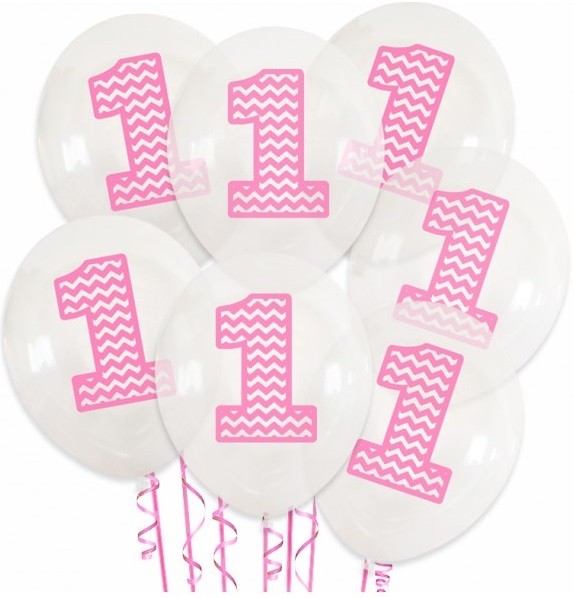 Balony przezroczyste z Różową cyfrą "1" Roczek 7 sztuk