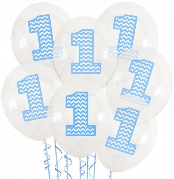 Balony przezroczyste z niebieską cyfrą "1" Roczek 7 sztuk