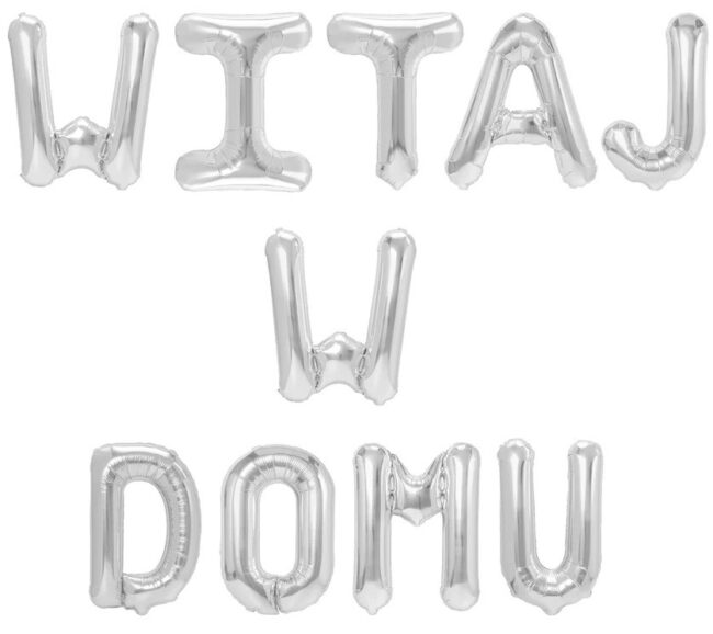srebrny napis balon witaj w domu