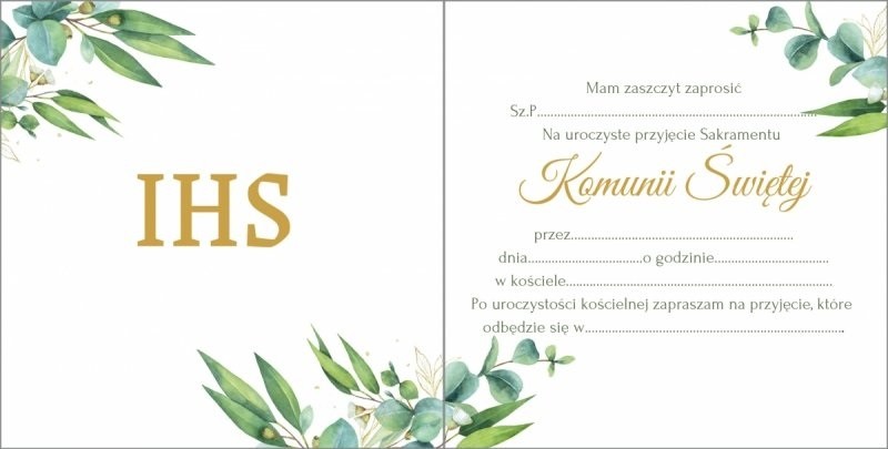 Zaproszenia Pierwsza Komunia Święta Eukaliptus 1 sztuka + koperta